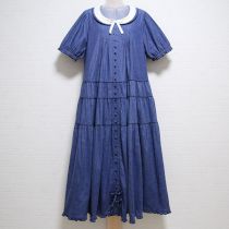 紺ミモザ刺繍ダンガリーワンピース
