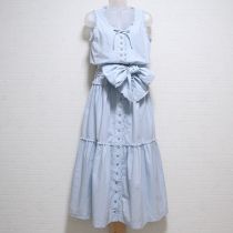 水色ギンガムノースリワンピースサッシュ付き