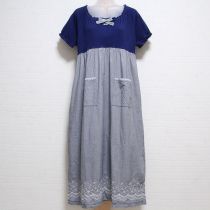紺カットワーク異素材ワンピース