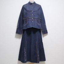 紺デニム鈴蘭刺繍スエードパイピングスーツ