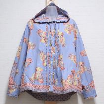 【ゆったり】ブルーパッチワークくまフード付きブラウス【L】