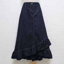 紺花モチーフ付きフリルムラ糸デニムスカート【4(L)】
