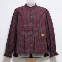 赤系くま刺繍タータンチェックブラウス