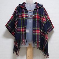 紺×赤タータンストール型ポンチョ