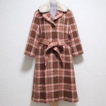 ピンク×茶ファー付きチェックコート
