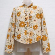 ベージュ系花柄コーデュロイブラウス【M】
