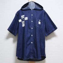 紺デニムロゴパッチフード付きブラウス【L】