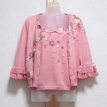 ピンク桜通しリボンニットアンサンブル
