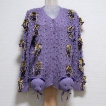 パープル勿忘草くまモチーフカーディガン