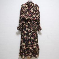 こげ茶系花柄シフォンブラウス&スカートネックリボン付き【S】
