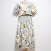 薄荷×生成たんぽぽ刺繍パッチワークワンピース