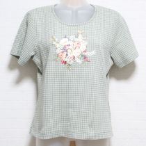 薄荷チェックブーケプリントTシャツ【L】