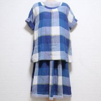 ブルー系チェックダブルガーゼリバーシブルブラウス&スカート