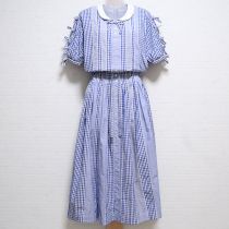 ブルーチェック&ストライプパッチワークワンピース