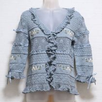 ブルーグレー花刺繍通しリボン使いカーディガン