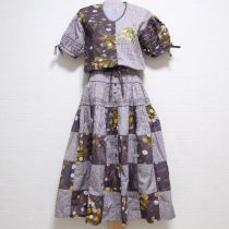 パープルたんぽぽブーケ刺繍パッチワークワンピース