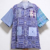 ブルー系ミックスチェックロゴ刺繍シャツ【L】