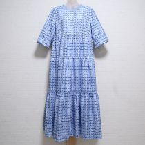 ブルー系リントンツイード転写プリントバックリボンティアードワンピース【3(9号)】