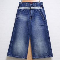ブルーUSED加工チェリー刺繍ワイドパンツ【3(M)】