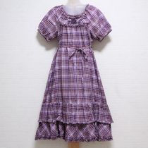 パープル系刺繍入りチェック裾段々フリルワンピース