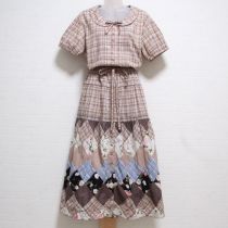 茶系オリジナルチェック×薔薇の森パッチワークワンピース