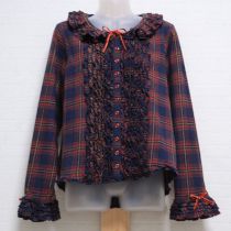 紺×オレンジチェックネルブラウス