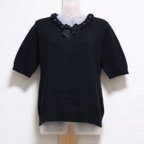 黒花モチーフ半袖セーター【M】