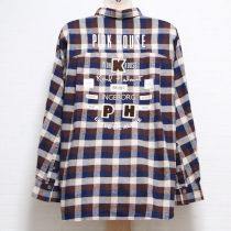 茶系チェックロゴ刺繍ワッペンブラウス