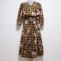 茶系チェックブーケワンピースサッシュ付