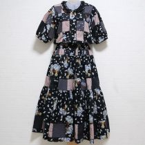 黒勿忘草刺繍パッチワークワンピース
