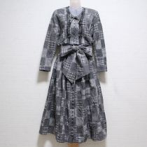 グレーミックスチェックパッチワークワンピースサッシュ付き