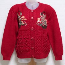 赤花かご刺繍ニットカーディガン