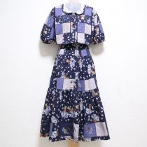 紺勿忘草刺繍パッチワークワンピース