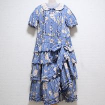 ブルー野薔薇ギンガムプリント段々ワンピース