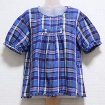 青系ロゴ刺繍リネンマドラスチェックブラウス