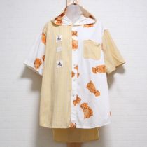 黄チェック×プードルパッチワークシャツ【L】