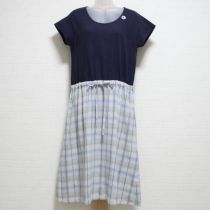 紺系楊柳チェック使いカットソーワンピース