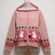 ピンクフード付きエトワールシュクレ編み込みカーディガン