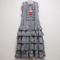 黒通しリボン使いミックスギンガム段々ワンピース