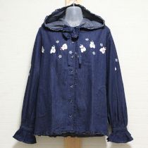 紺雪だるまくま刺繍フード付きデニムブラウス