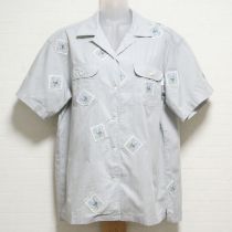 ブルーグレー白つめ草&すみれパッチチェックブラウス