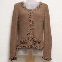 茶フラワーモチーフパイルカーディガン【M】