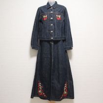 紺チェリー刺繍デニムジャケット&スカート【M】
