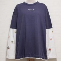 紺×白ワッペン使いレイヤー風長Tシャツ【L】