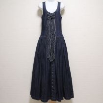 青垂らしリボン付きデニムワンピース