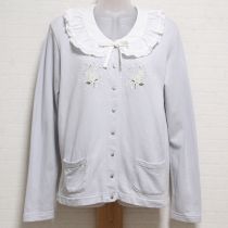 ブルーグレーライラック刺繍スウェットカーディガン【L】