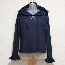 紺ローンフード付きリボン刺繍カットソー【3(M)】
