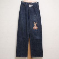 紺オーバーオールうさぎ刺繍デニムパンツ【L】