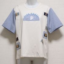 生成×水色ギンガム袖くまワッペンカットソー
