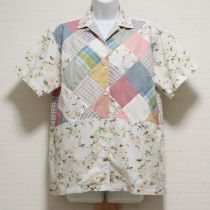 白系白薔薇柄パッチワークブラウス